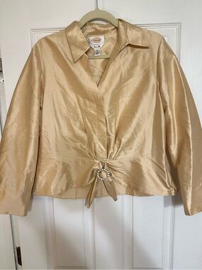VTG Talbots Silk Tie Front Rhinestone Top Gold 12 Evening Wear Office Siren Glam